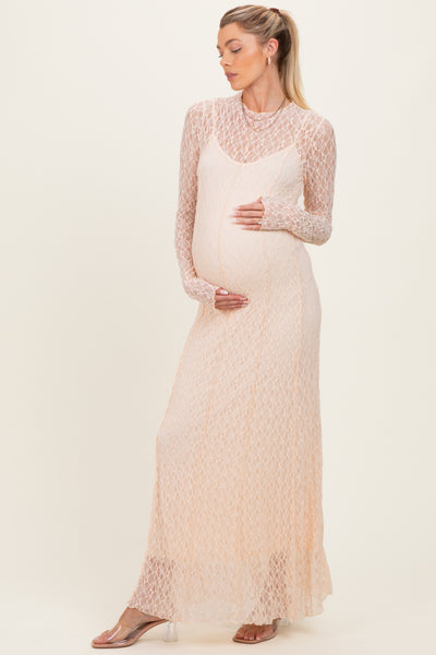 long sleeve formal maternity dresses Women's Dress – Sheer Mesh High-Neck Gown With Side Slit, Perfect For Baby Showers & Weddings Semi-formal Maternity Gown For Party And Gender Reveal special occasion maternity evening dresses & formal gowns