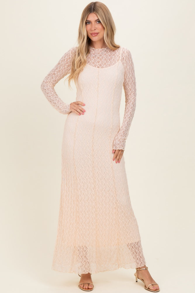 Beige Lace Mock Neck Long Sleeve Maxi Dress Beige Lace Mock Neck Long Sleeve Maxi Dress