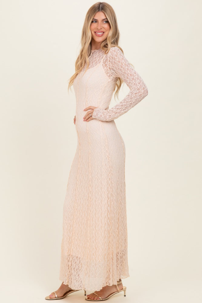 beige maxi dress long sleeve Beige Lace Mock Neck Long Sleeve Maxi Dress