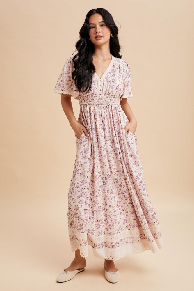 Lavender Floral Lace Trim Flutter Sleeve Maxi Dress