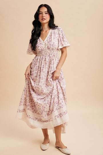 Lavender Floral Lace Trim Flutter Sleeve Maxi Dress