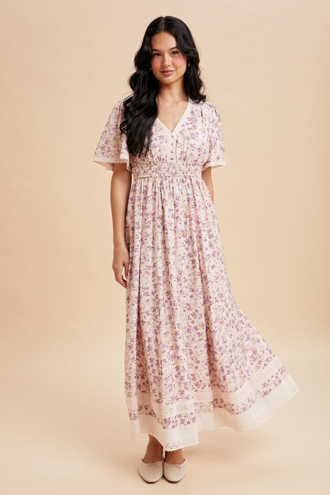 Lavender Floral Lace Trim Flutter Sleeve Maxi Dress