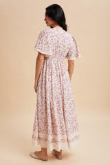Lavender Floral Lace Trim Flutter Sleeve Maxi Dress