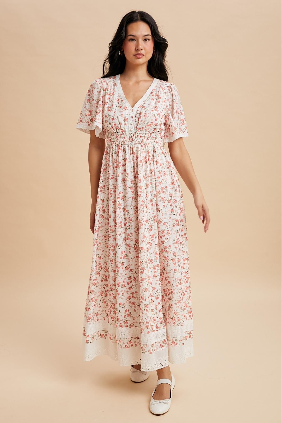 Pink Floral Lace Trim Flutter Sleeve Maxi Dress