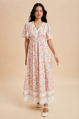 Pink Floral Lace Trim Flutter Sleeve Maternity Maxi Dress