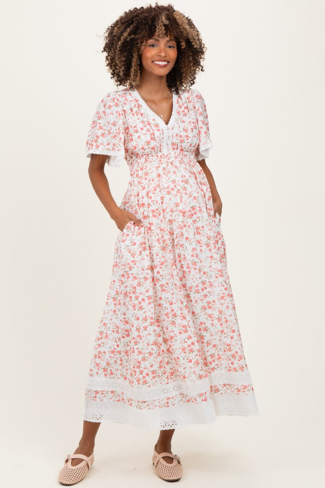 Pink Floral Lace Trim Flutter Sleeve Maternity Maxi Dress