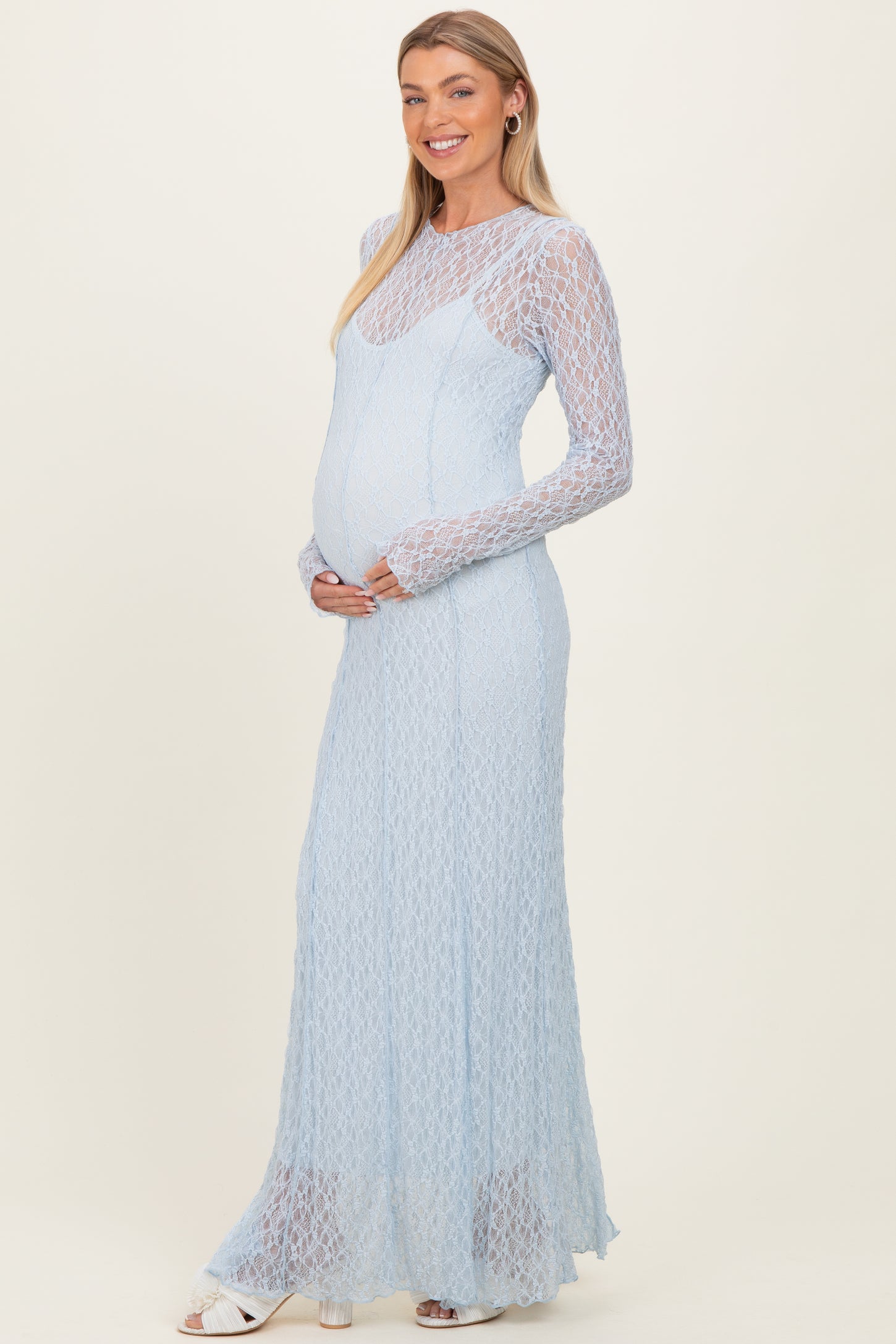 Light Blue Lace Mock Neck Long Sleeve Maternity Maxi Dress Light Blue Lace Mock Neck Long Sleeve Maternity Maxi Dress