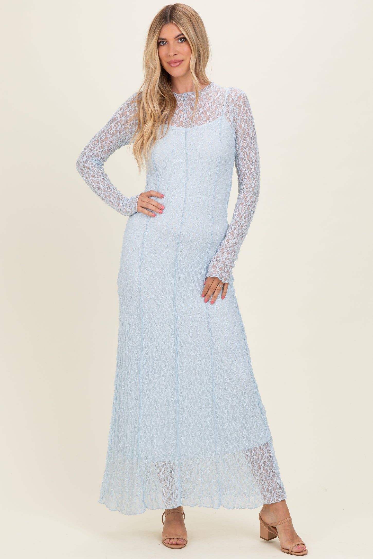 Light Blue Lace Mock Neck Long Sleeve Maternity Maxi Dress Light Blue Lace Mock Neck Long Sleeve Maternity Maxi Dress