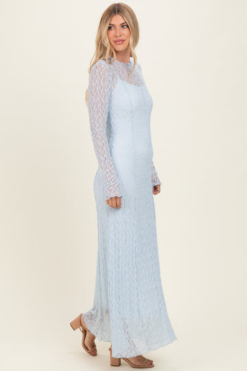 Light Blue Lace Mock Neck Long Sleeve Maxi Dress