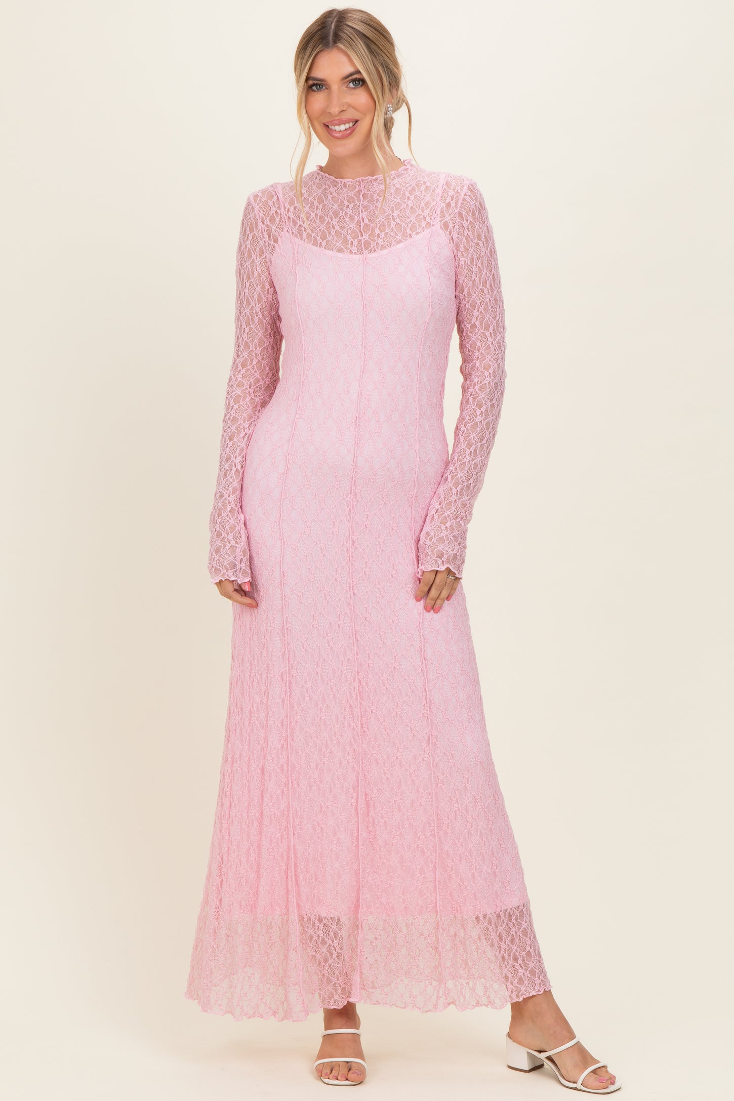 Light Pink Lace Mock Neck Long Sleeve Maxi Dress – PinkBlush