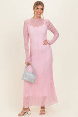 Pink Lace Mock Neck Long Sleeve Maternity Maxi Dress