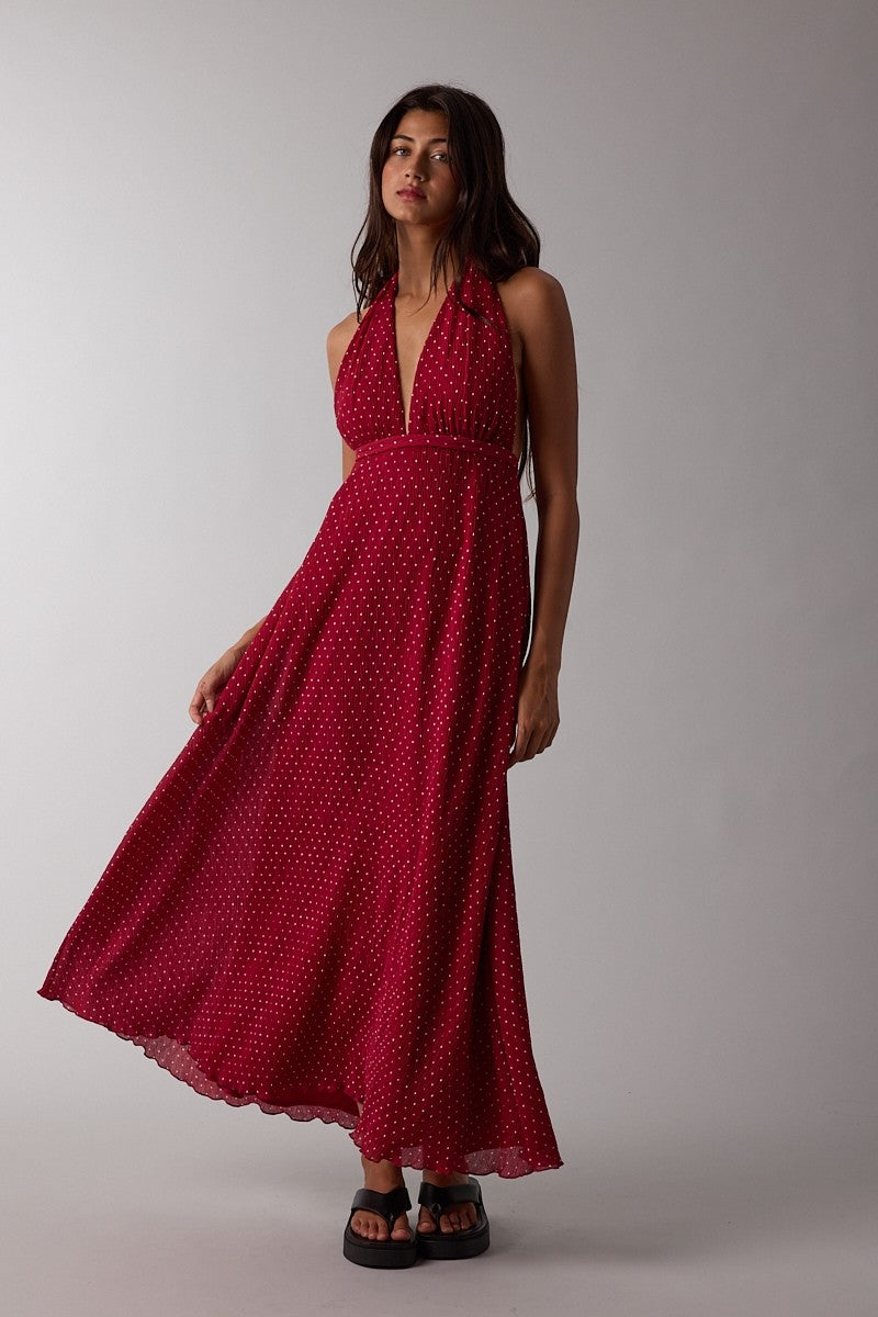 Red Polka Dot Halter Tie Open Back Maternity Maxi Dress Red Polka Dot Halter Tie Open Back Maternity Maxi Dress