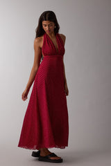 Red Polka Dot Halter Tie Open Back Maxi Dress