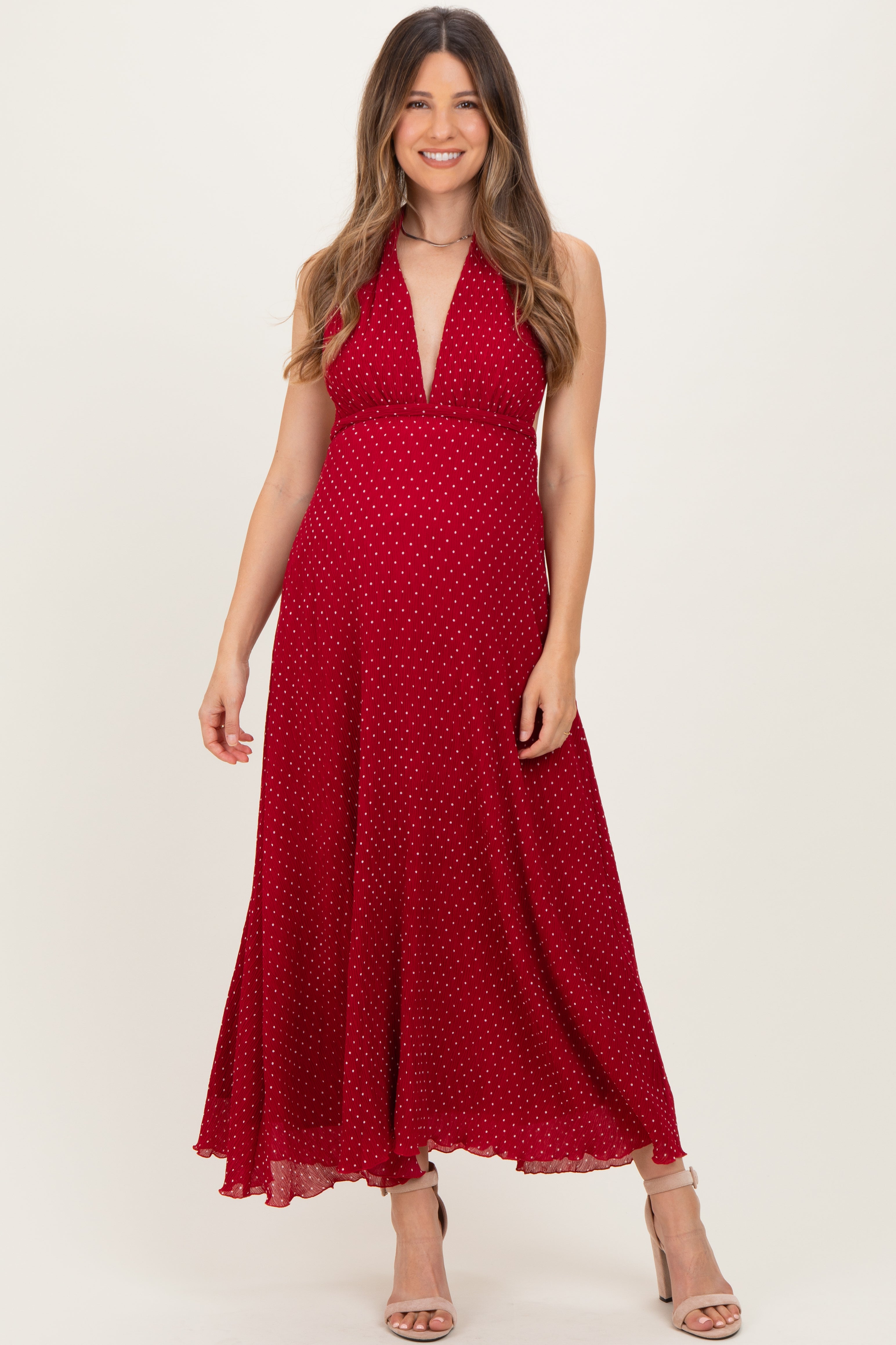 Red Polka Dot Halter Tie Open Back Maternity Maxi Dress Red Polka Dot Halter Tie Open Back Maternity Maxi Dress