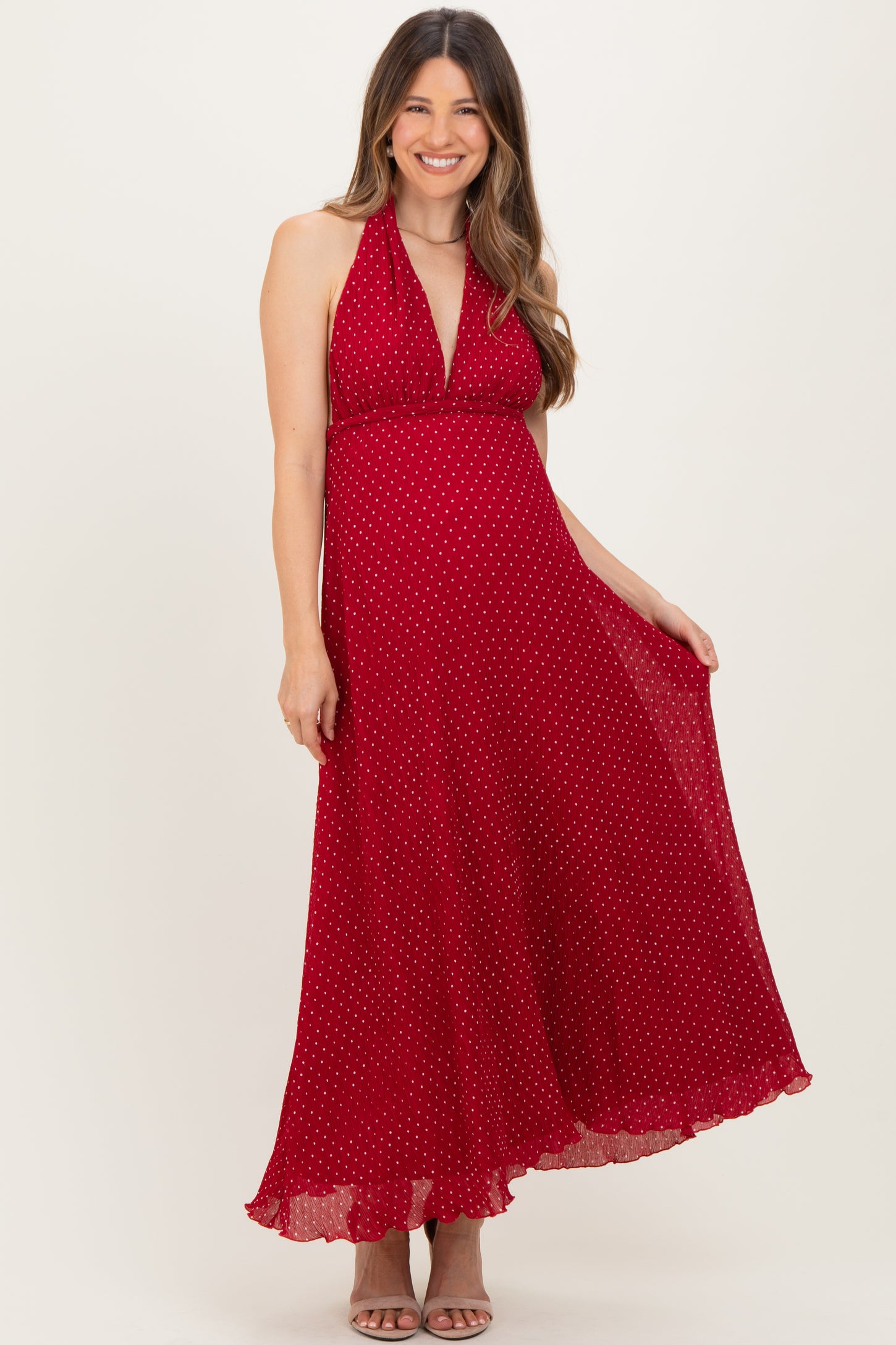 Red Polka Dot Halter Tie Open Back Maternity Maxi Dress Red Polka Dot Halter Tie Open Back Maternity Maxi Dress