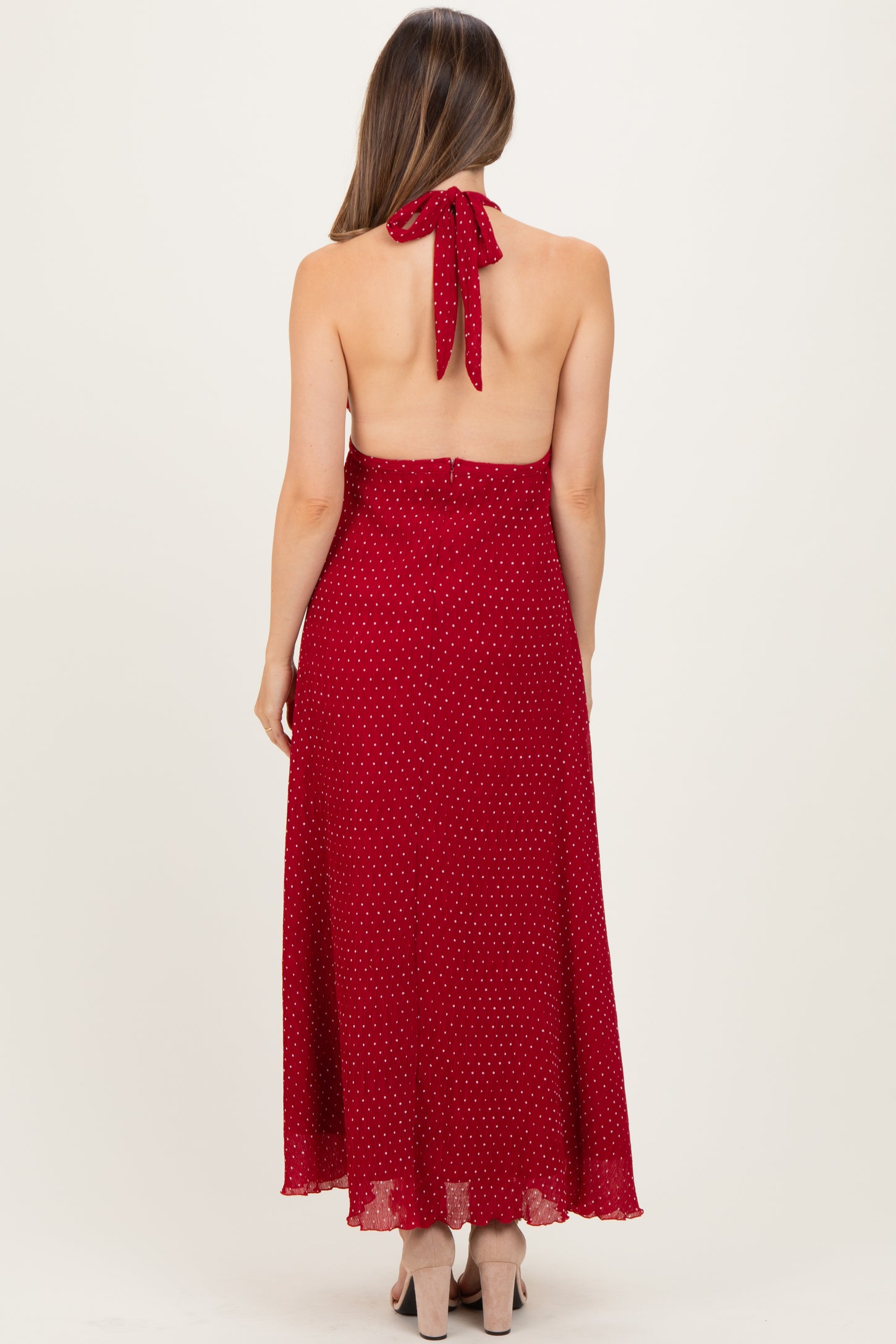 Red Polka Dot Halter Tie Open Back Maternity Maxi Dress Red Polka Dot Halter Tie Open Back Maternity Maxi Dress