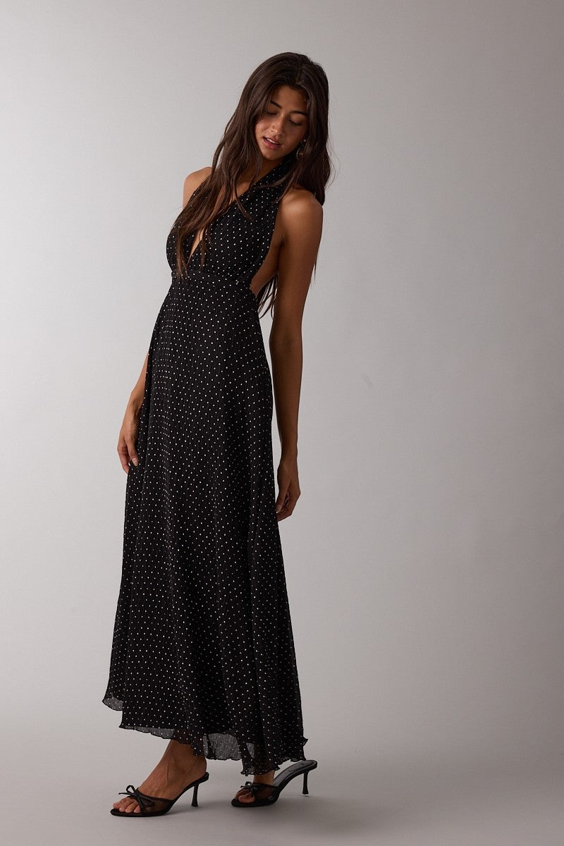 Black Polka Dot Halter Tie Open Back Maxi Dress