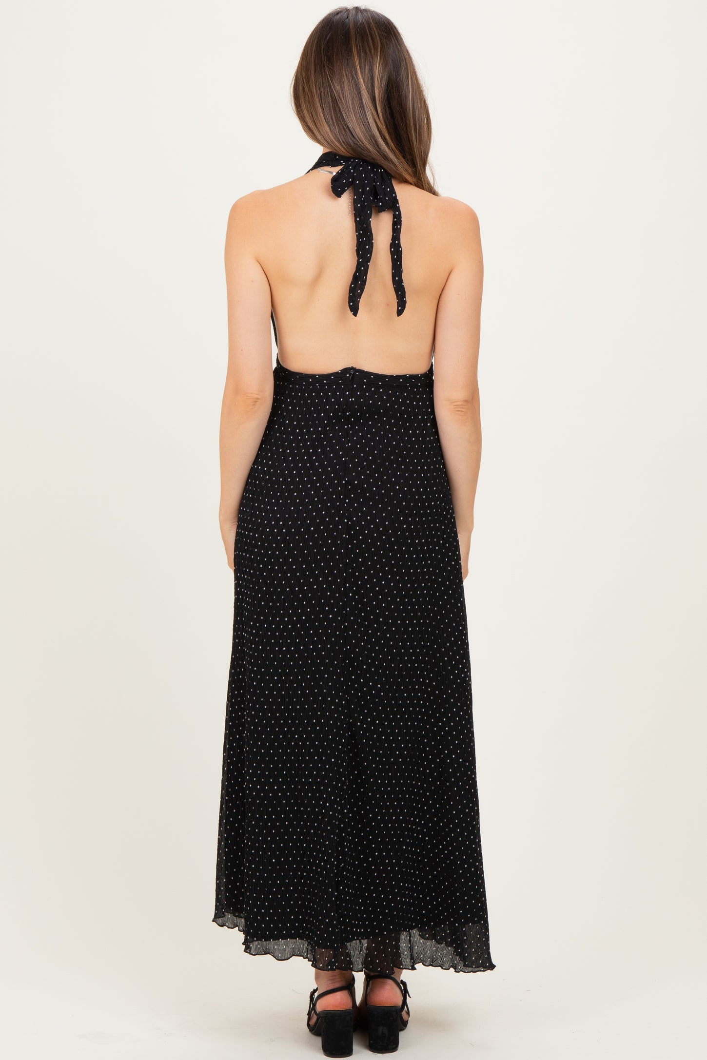 Black Polka Dot Halter Tie Open Back Maternity Maxi Dress PinkBlush Black Polka Dot Halter Tie Open Back Maternity Maxi Dress PinkBlush