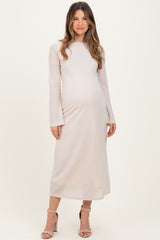 Beige Lace Jacquard Long Sleeve Maternity Midi Dress