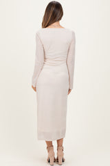 Beige Lace Jacquard Long Sleeve Maternity Midi Dress