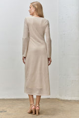 Beige Lace Jacquard Long Sleeve Midi Dress