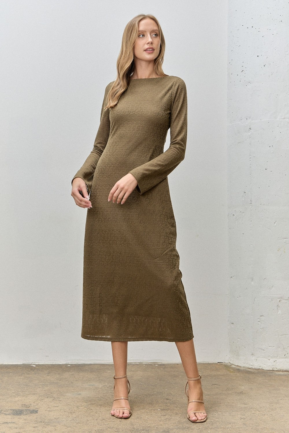 Olive Lace Jacquard Long Sleeve Midi Dress – PinkBlush