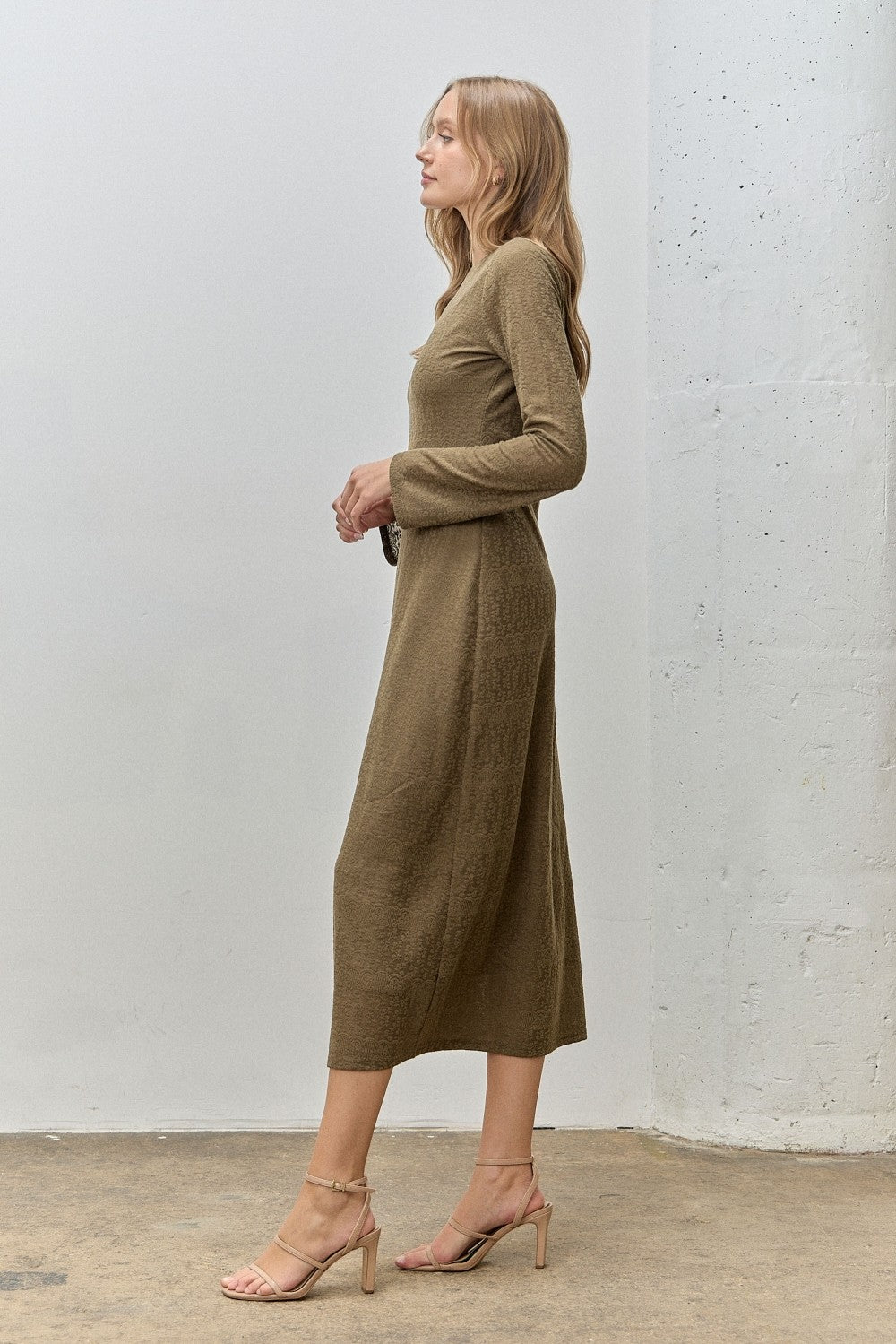 Olive Lace Jacquard Long Sleeve Midi Dress