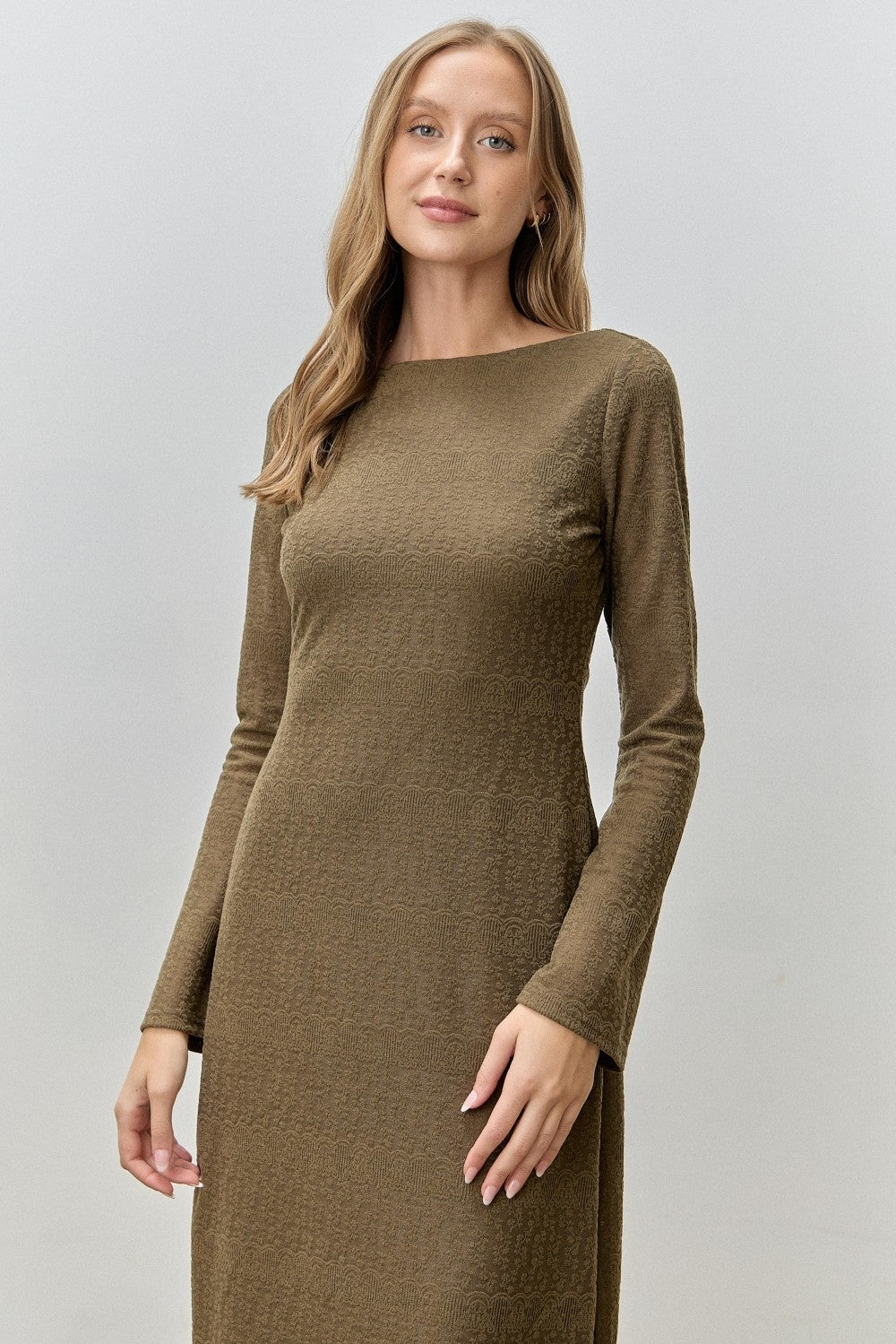 Olive Lace Jacquard Long Sleeve Midi Dress Olive Lace Jacquard Long Sleeve Midi Dress