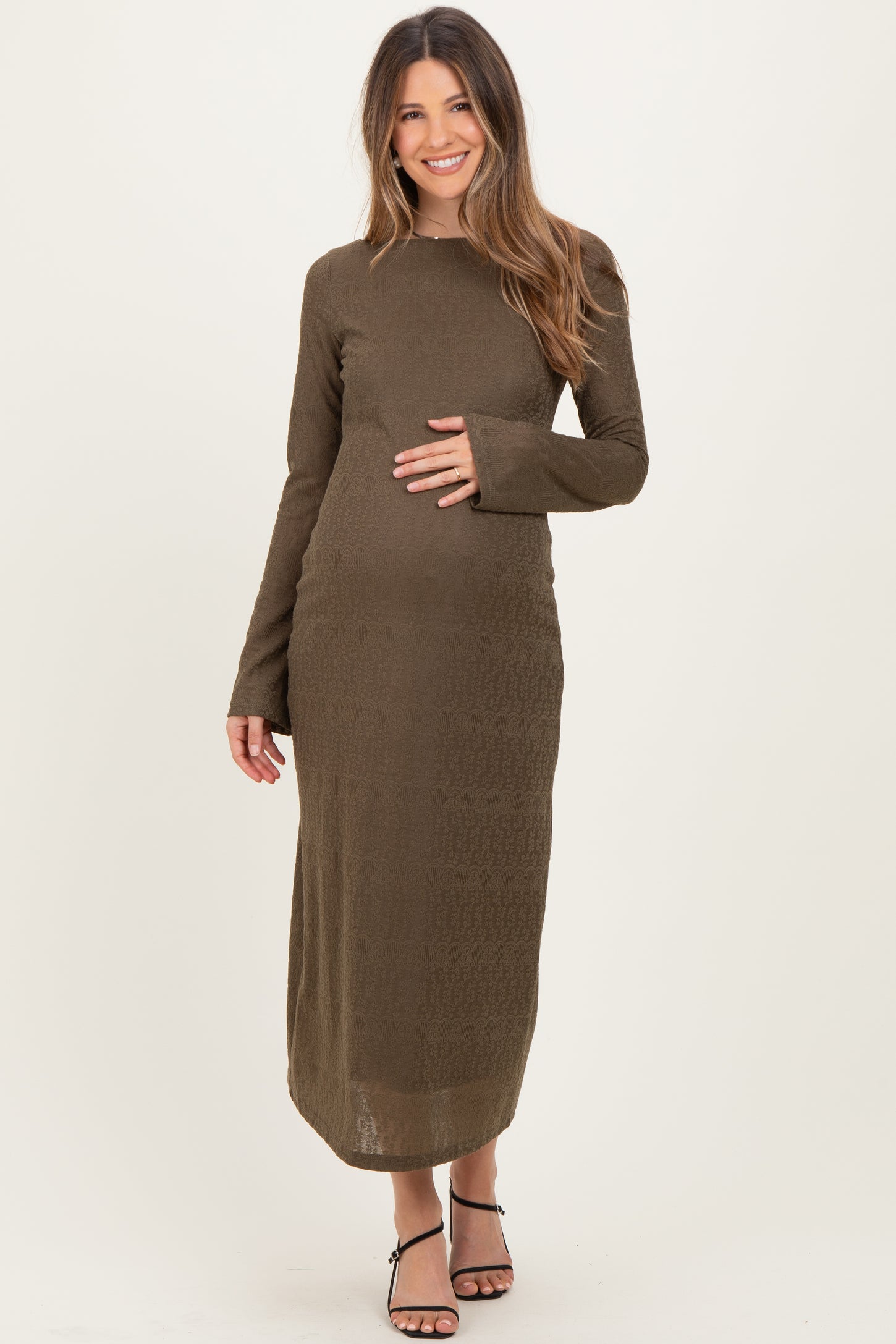 Olive Lace Jacquard Long Sleeve Maternity Midi Dress