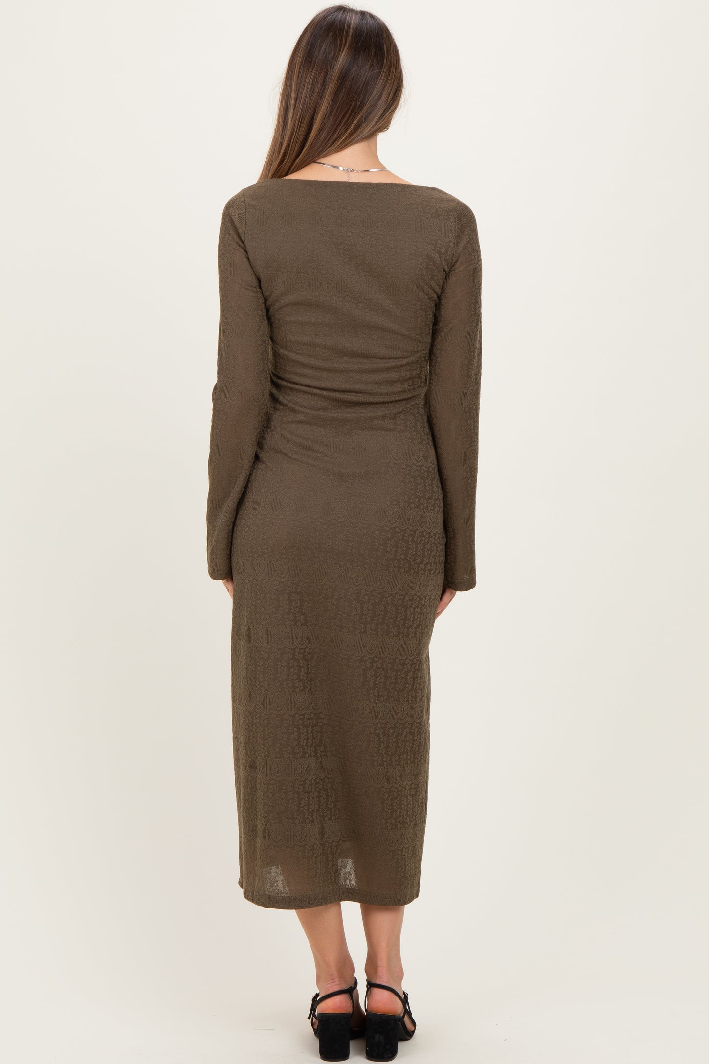 Olive Lace Jacquard Long Sleeve Maternity Midi Dress