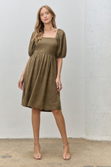 Olive Lace Jacquard Puff Sleeve Maternity Dress