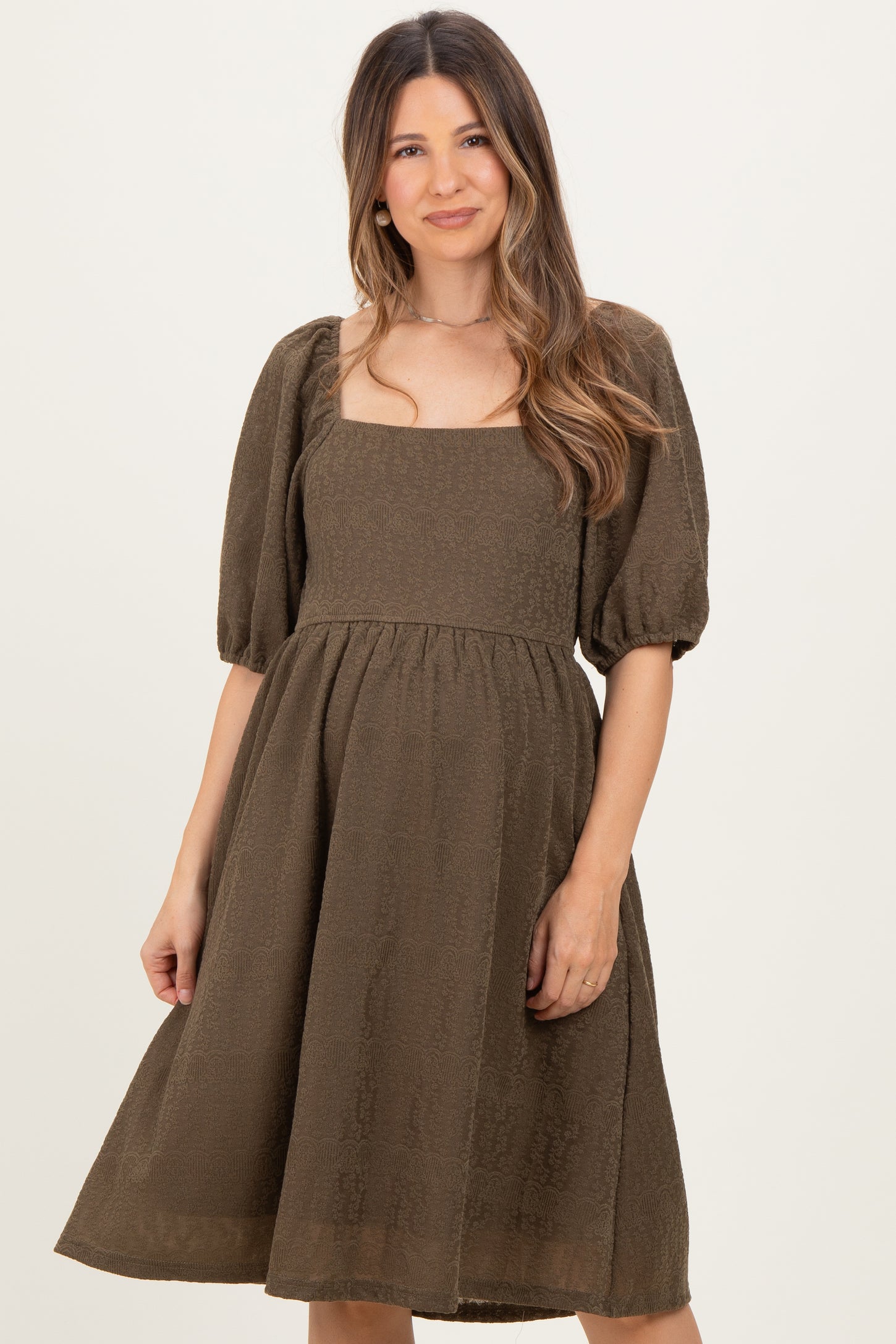 Olive Lace Jacquard Puff Sleeve Maternity Dress