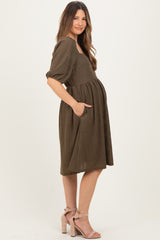 Olive Lace Jacquard Puff Sleeve Maternity Dress