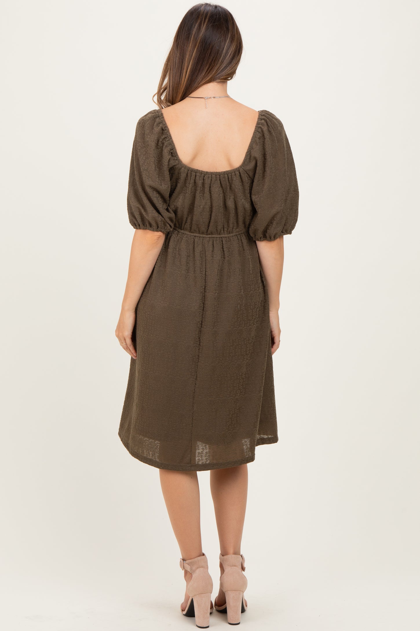 Olive Lace Jacquard Puff Sleeve Maternity Dress