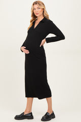 Black Ribbed Collared Long Sleeve Maternity Midi Dress