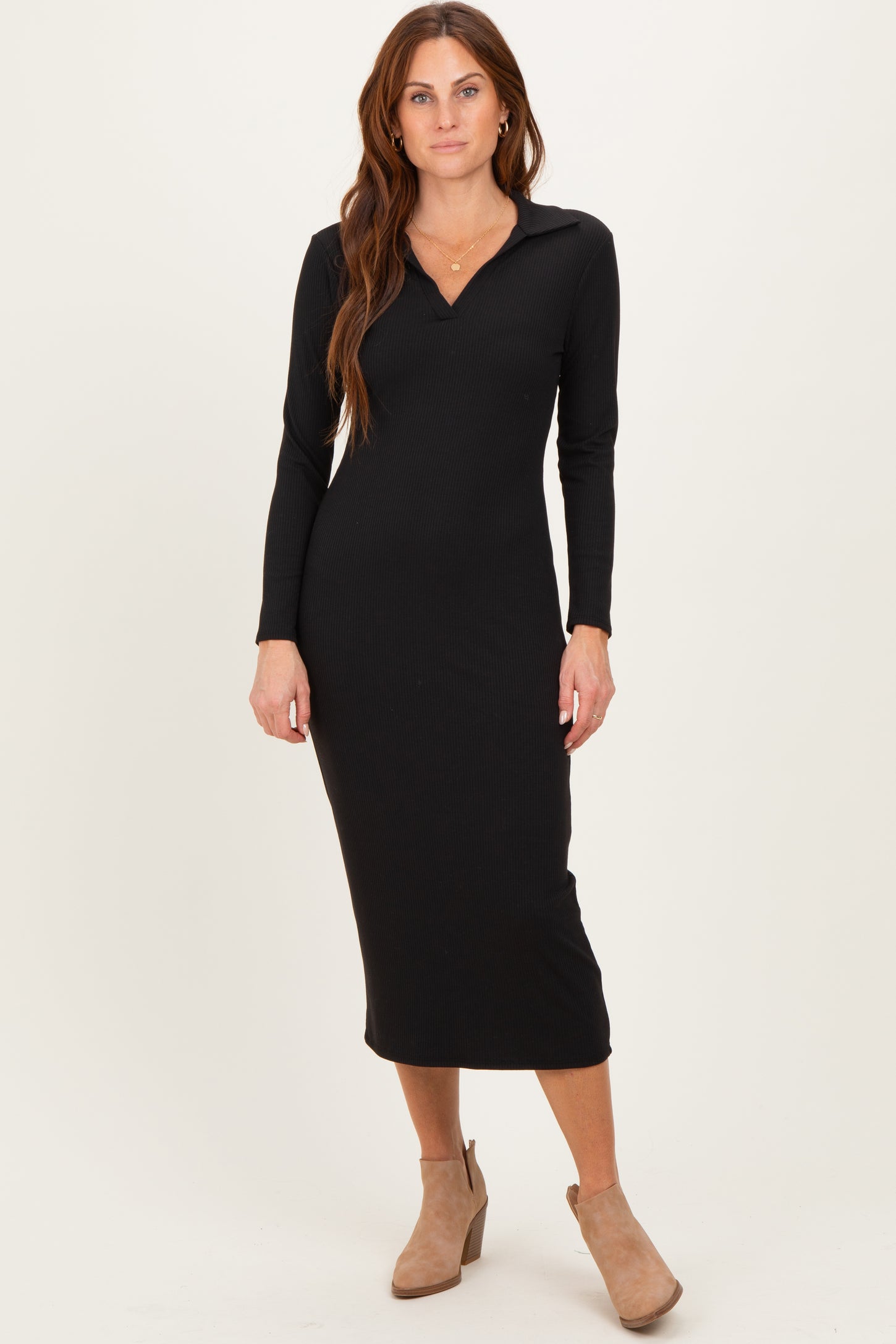 long sleeve collared midi dress Plus Size Button Up Lace Up Poplin Collar, Josephine Collar Midi Dress in Black, Size 2X, For Brunch