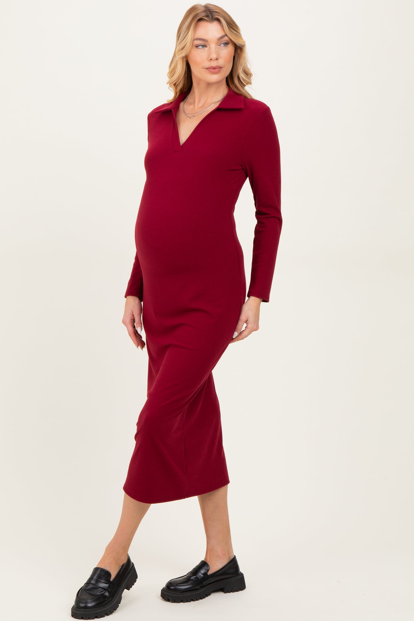 Red Ribbed Collared Long Sleeve Maternity Midi Dress