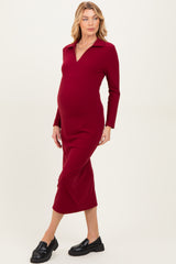 Red Ribbed Collared Long Sleeve Maternity Midi Dress