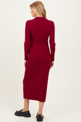 Red Ribbed Collared Long Sleeve Maternity Midi Dress