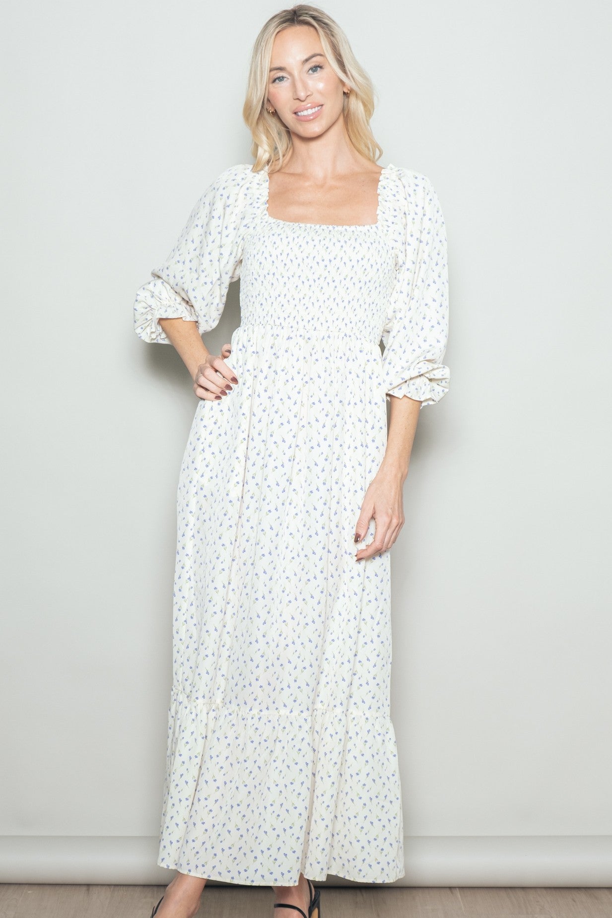 Cream Floral 3/4 Sleeve Maxi Dress Cream Floral 3/4 Sleeve Maxi Dress