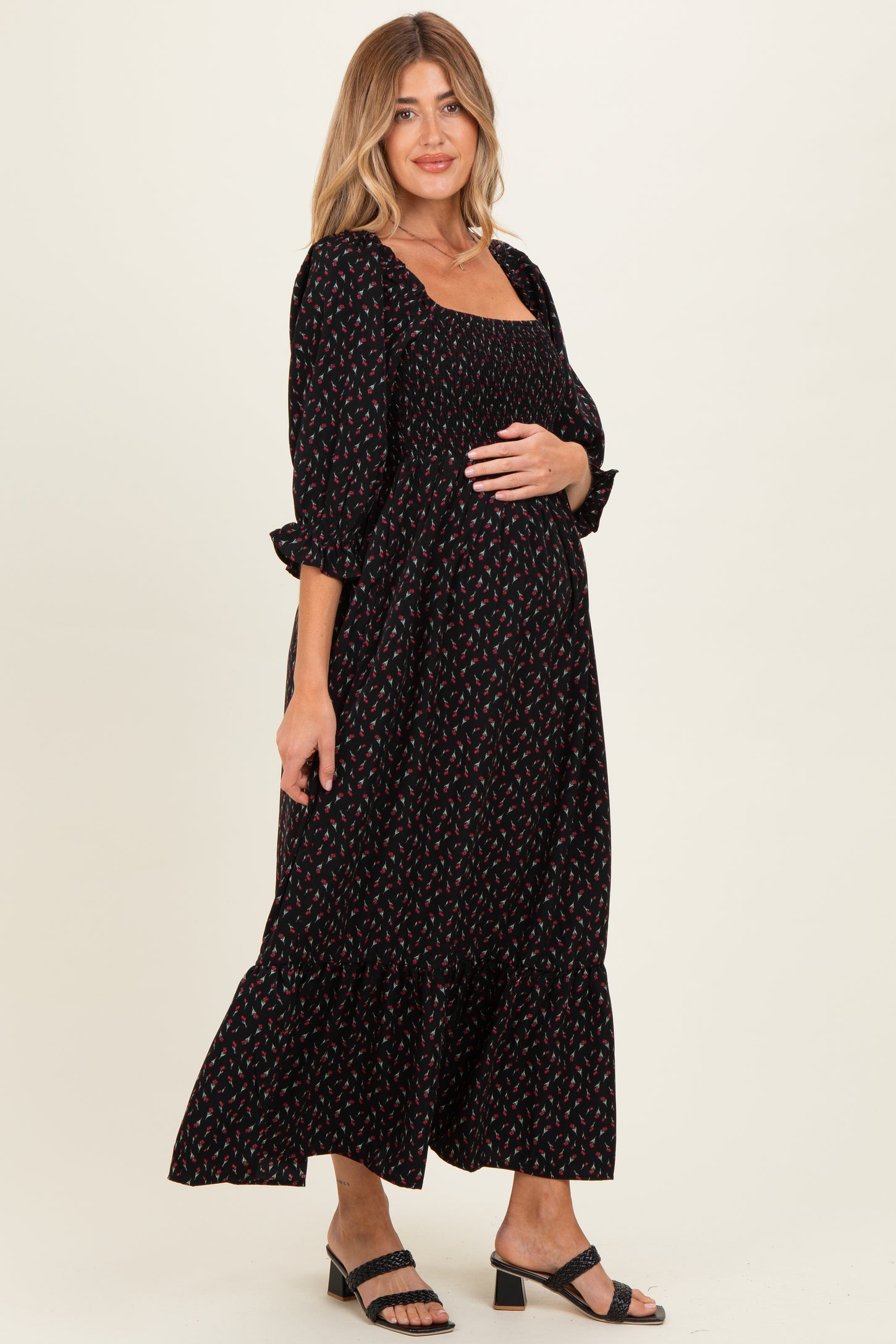 Black Floral 3/4 Sleeve Maternity Maxi Dress