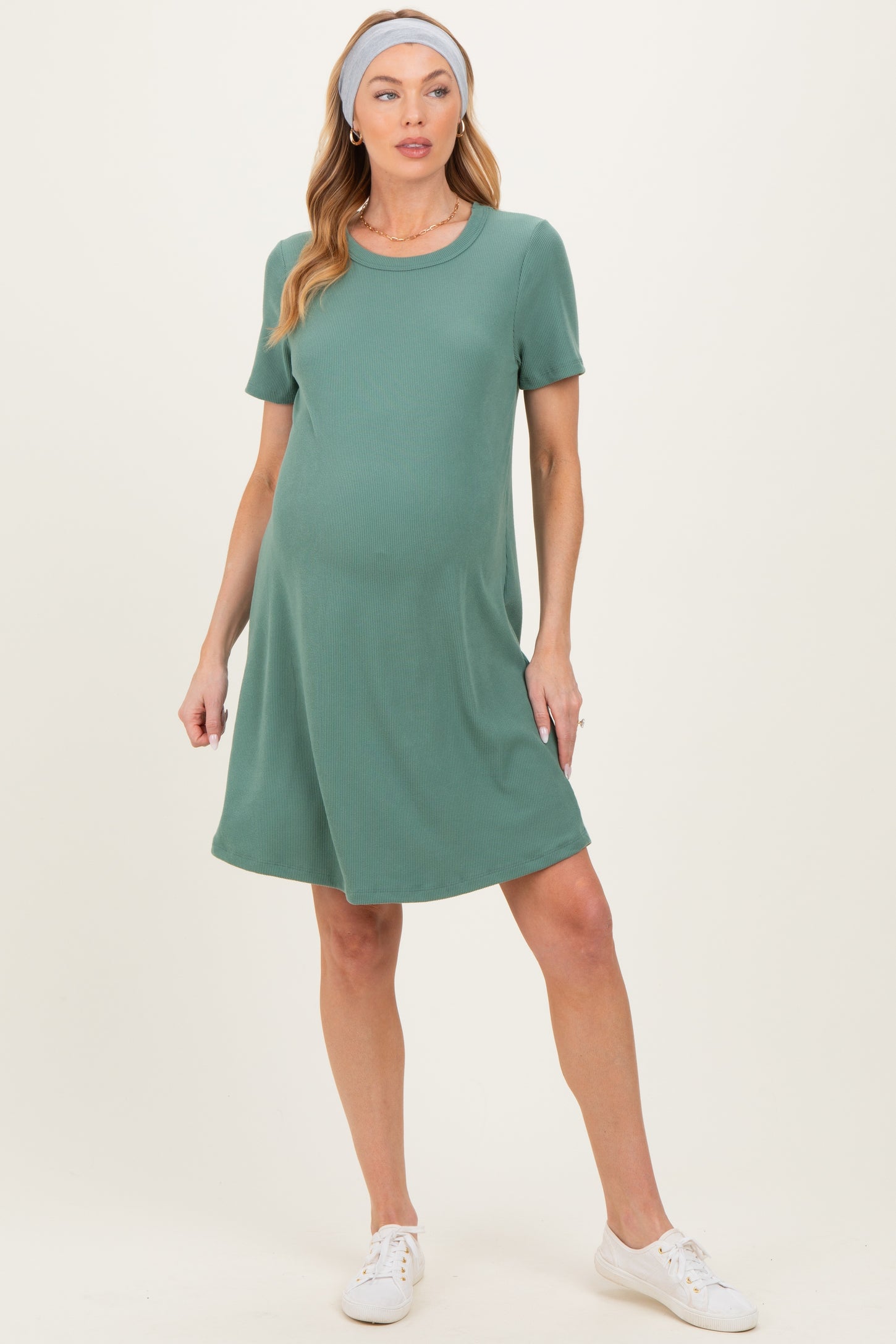 maternity jersey dress Olive Ribbed Knit Basic Short Sleeve Maternity T-Shirt Dress