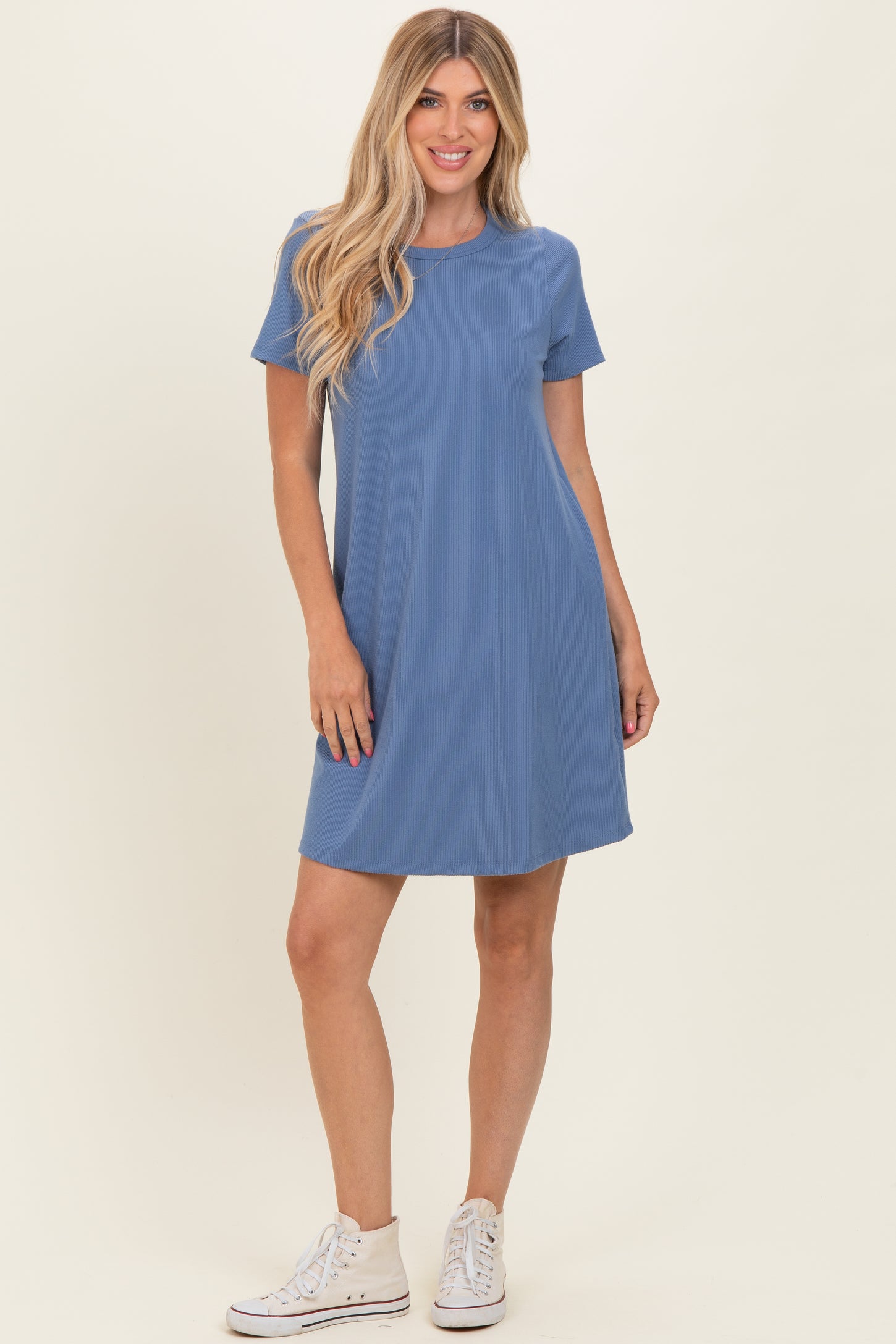 Blue Ribbed Knit Basic Short Sleeve T-Shirt Dress