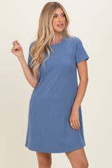 Blue Ribbed Knit Basic Short Sleeve T-Shirt Dress
