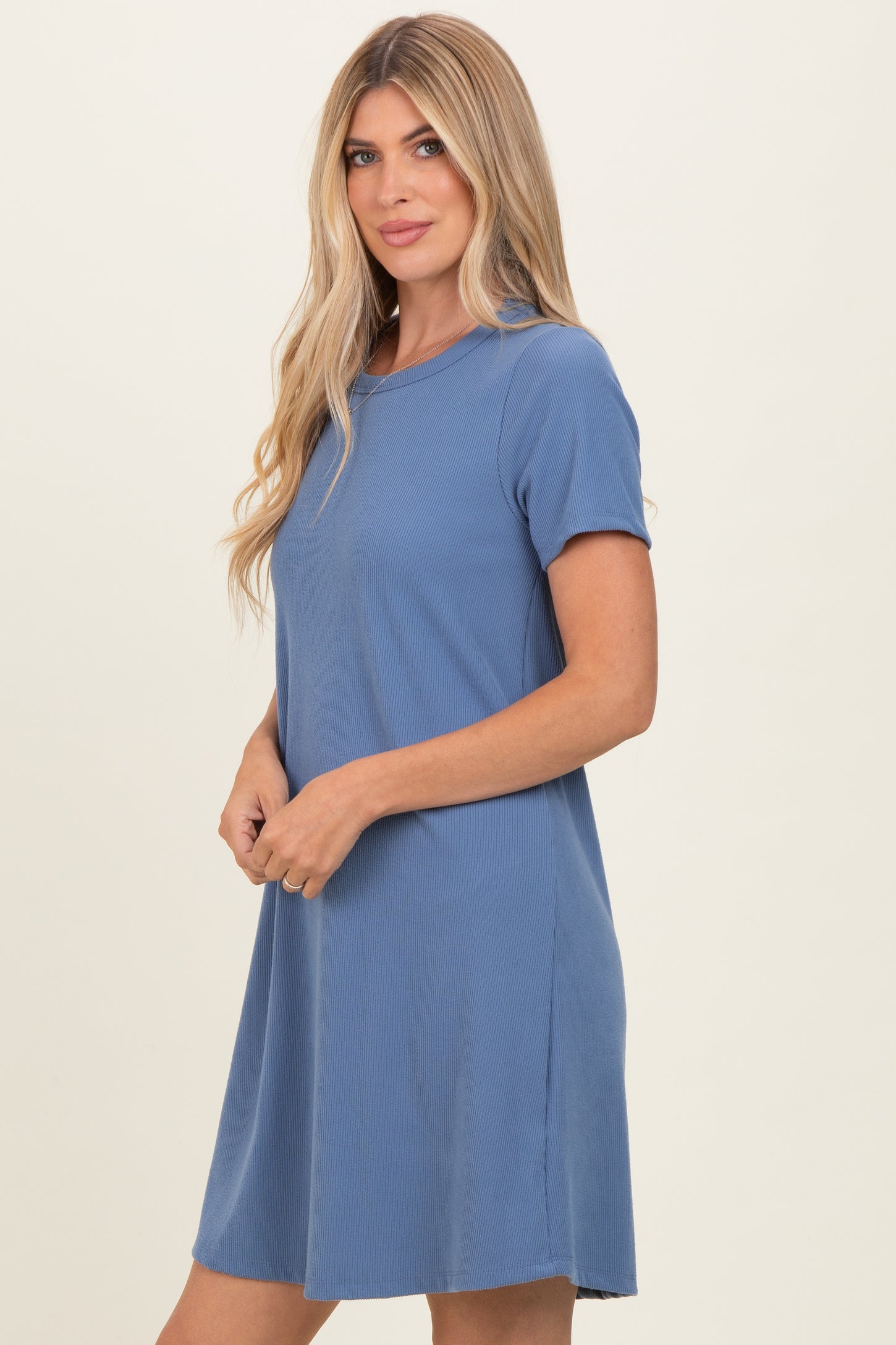 Blue Ribbed Knit Basic Short Sleeve T-Shirt Dress