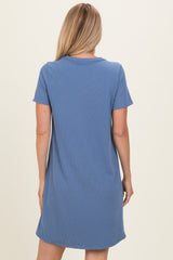 Blue Ribbed Knit Basic Short Sleeve T-Shirt Dress