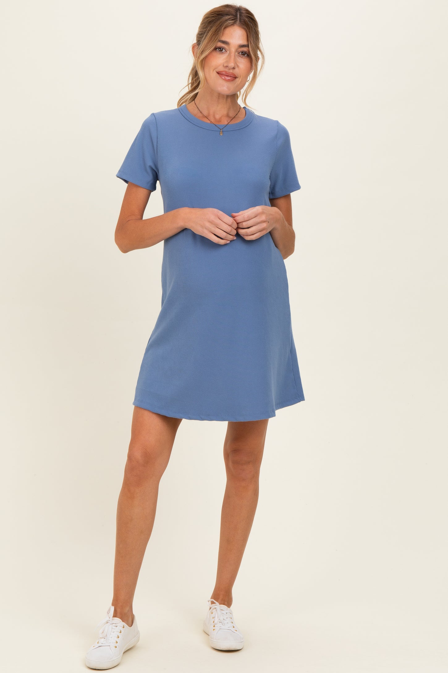 Blue Ribbed Knit Basic Short Sleeve Maternity T-Shirt Dress – PinkBlush