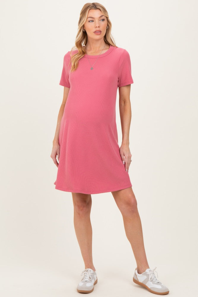 Pink Ribbed Knit Basic Short Sleeve Maternity T-Shirt Dress Pink Ribbed Knit Basic Short Sleeve Maternity T-Shirt Dress