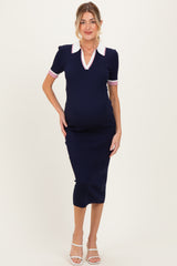 Navy Collared Colorblock Maternity Midi Dress