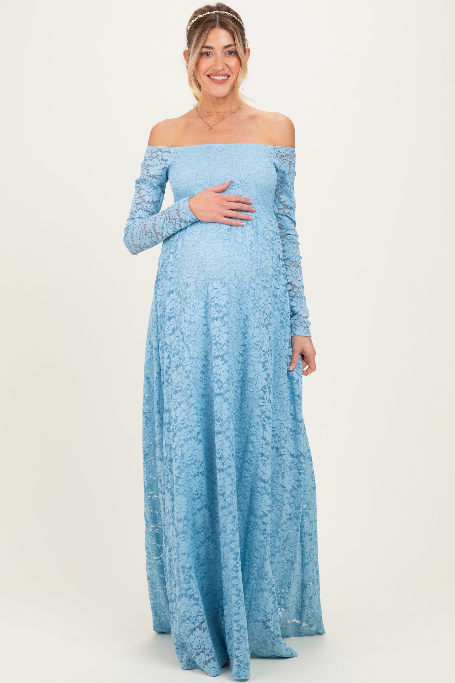 Light Blue Floral Lace Long Sleeve Off Shoulder Maternity Maxi Dress